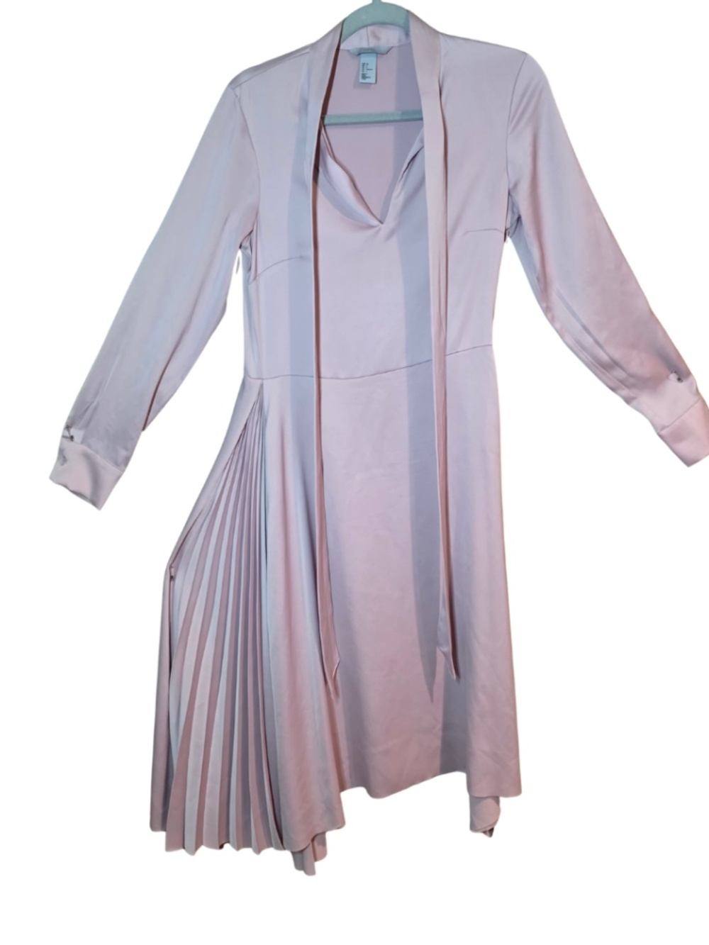 H&M Blush Pink Pleated Asymmetrical Midi Dress Tie Neck Size 6